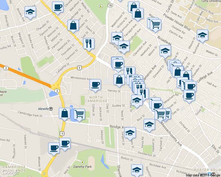 map of restaurants, bars, coffee shops, grocery stores, and more near 137 Harvey Street in Cambridge