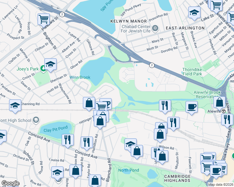 map of restaurants, bars, coffee shops, grocery stores, and more near 55 Hill Road in Belmont