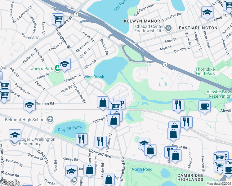 map of restaurants, bars, coffee shops, grocery stores, and more near 14-20 Hill Road in Belmont