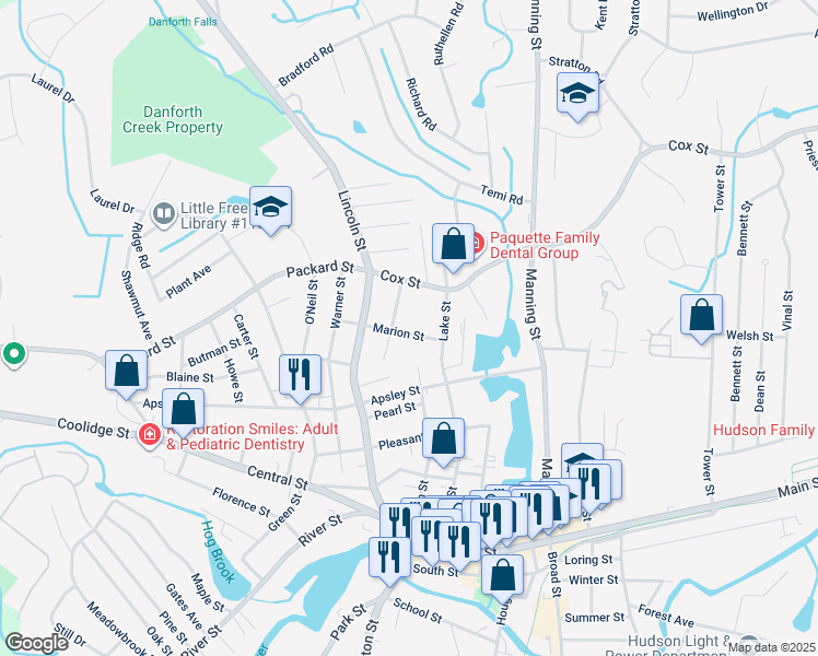 map of restaurants, bars, coffee shops, grocery stores, and more near 24 Marion Street in Hudson