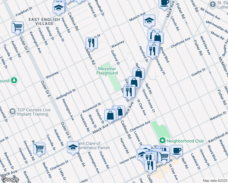 map of restaurants, bars, coffee shops, grocery stores, and more near 17160 Gravier Street in Detroit
