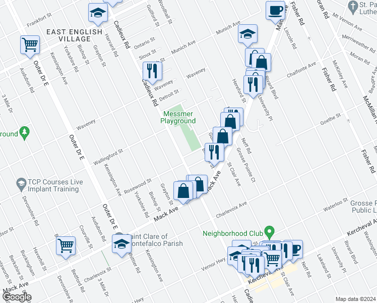 map of restaurants, bars, coffee shops, grocery stores, and more near 17160 Gravier Street in Detroit