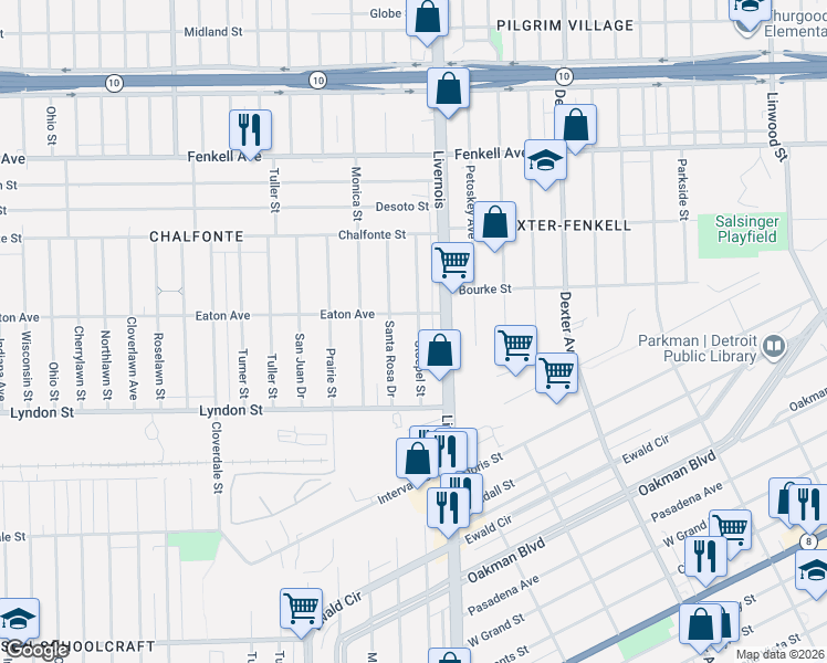 map of restaurants, bars, coffee shops, grocery stores, and more near 14650 Santa Rosa Drive in Detroit