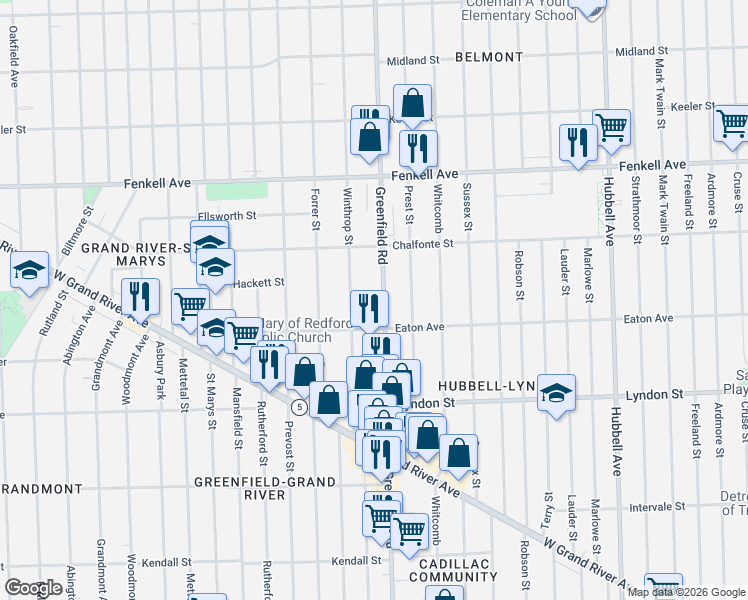 map of restaurants, bars, coffee shops, grocery stores, and more near 14859 Greenfield Road in Detroit