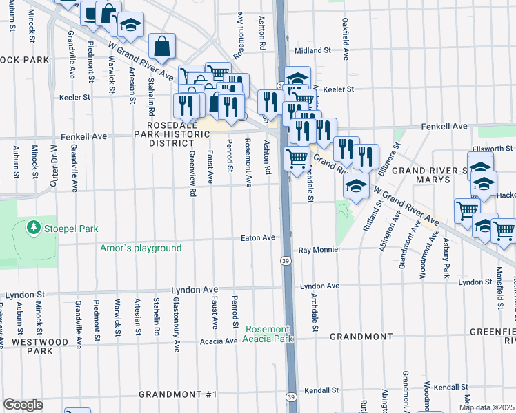 map of restaurants, bars, coffee shops, grocery stores, and more near 14890 Rosemont Avenue in Detroit