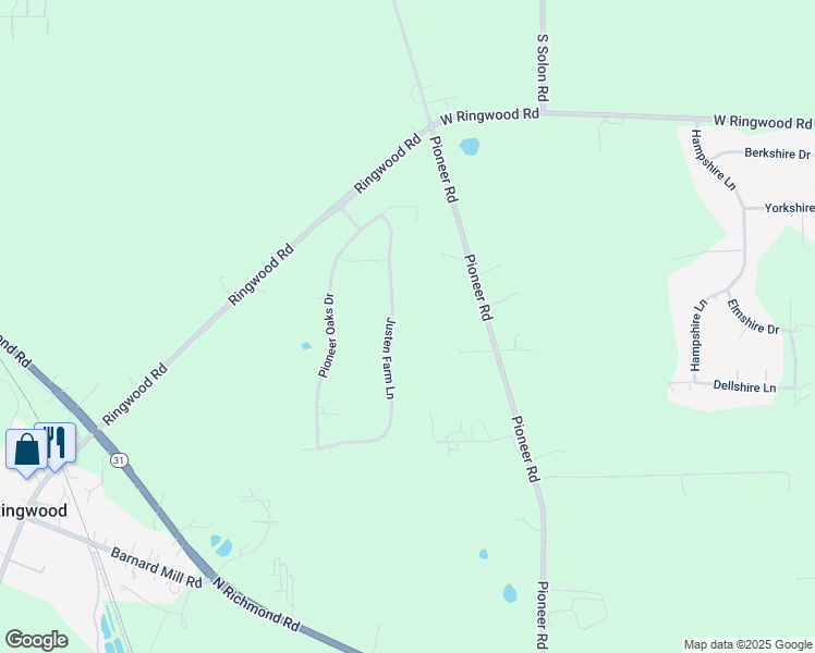 map of restaurants, bars, coffee shops, grocery stores, and more near 3200 Justen Lane in Ringwood