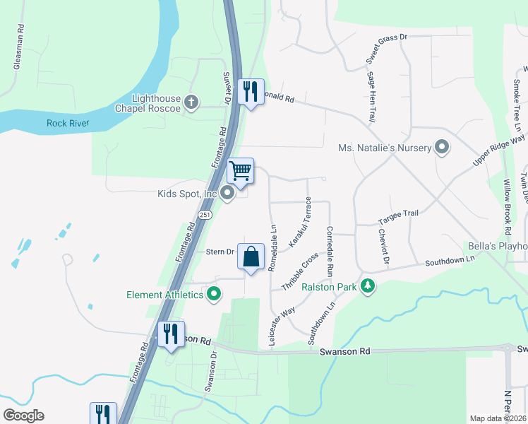 map of restaurants, bars, coffee shops, grocery stores, and more near 9432 Romeldale Lane in Roscoe