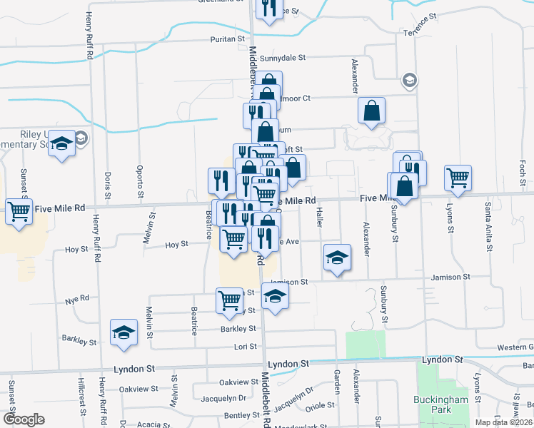 map of restaurants, bars, coffee shops, grocery stores, and more near 15260 Middlebelt Road in Livonia