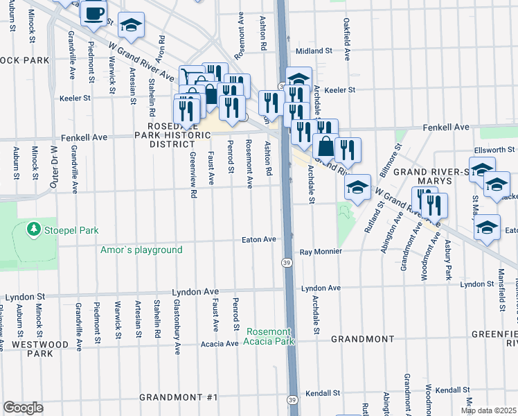 map of restaurants, bars, coffee shops, grocery stores, and more near 14890 Rosemont Avenue in Detroit
