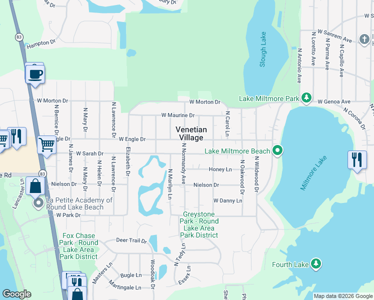 map of restaurants, bars, coffee shops, grocery stores, and more near 21492 West Sarah Drive in Lake Villa