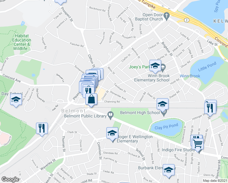 map of restaurants, bars, coffee shops, grocery stores, and more near 86 Alexander Avenue in Belmont
