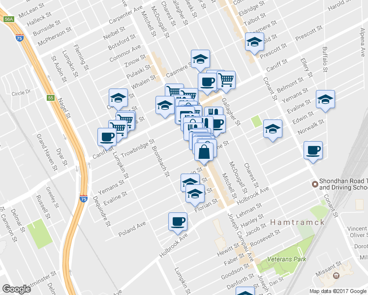 map of restaurants, bars, coffee shops, grocery stores, and more near 2715 Yemans Street in Hamtramck