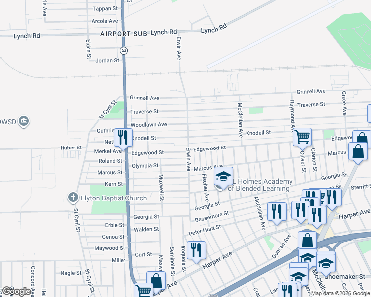 map of restaurants, bars, coffee shops, grocery stores, and more near 8273 Edgewood Avenue in Detroit