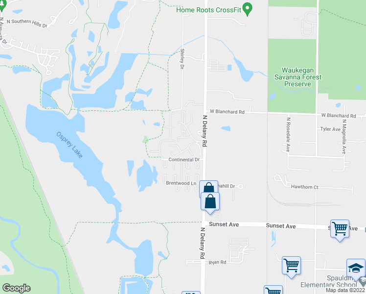 map of restaurants, bars, coffee shops, grocery stores, and more near 4150 Continental Drive in Waukegan