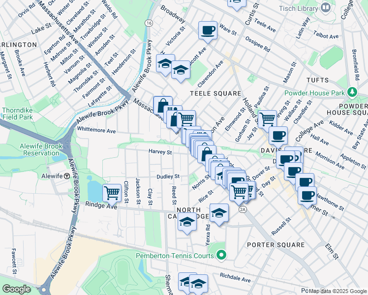 map of restaurants, bars, coffee shops, grocery stores, and more near 35 Harvey Street in Cambridge