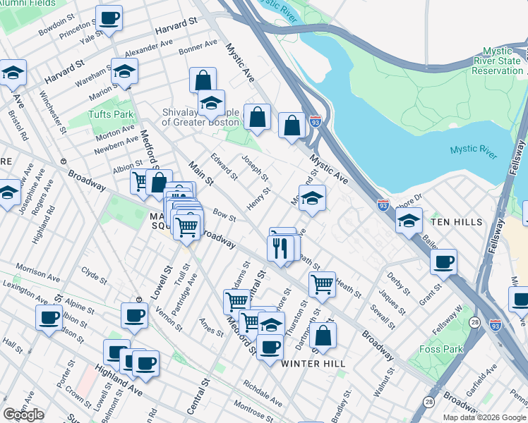 map of restaurants, bars, coffee shops, grocery stores, and more near 25 Fremont Street in Somerville