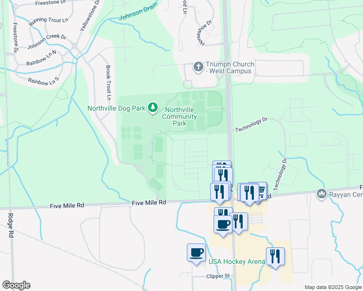 map of restaurants, bars, coffee shops, grocery stores, and more near 48199 Leland Drive in Northville