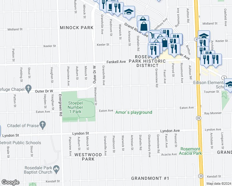 map of restaurants, bars, coffee shops, grocery stores, and more near 14920 Piedmont Street in Detroit