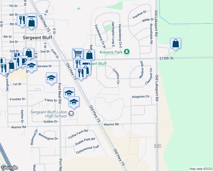 map of restaurants, bars, coffee shops, grocery stores, and more near 604 Coniston Circle in Sergeant Bluff