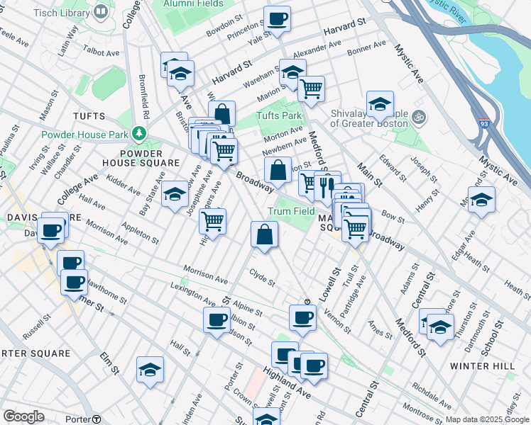 map of restaurants, bars, coffee shops, grocery stores, and more near 272 Cedar Street in Somerville
