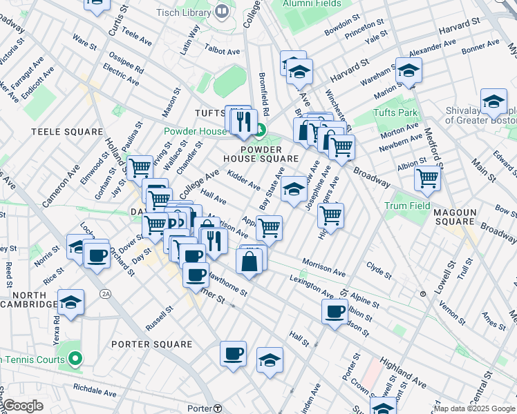 map of restaurants, bars, coffee shops, grocery stores, and more near 91 Bay State Avenue in Somerville