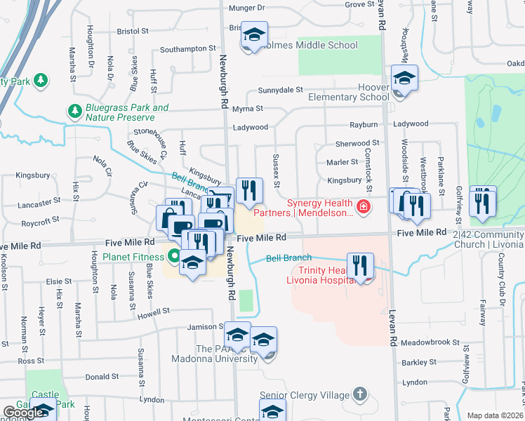 map of restaurants, bars, coffee shops, grocery stores, and more near 15499 Liverpool Street in Livonia