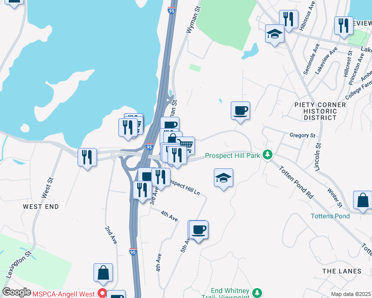 map of restaurants, bars, coffee shops, grocery stores, and more near 380 Winter Street in Waltham