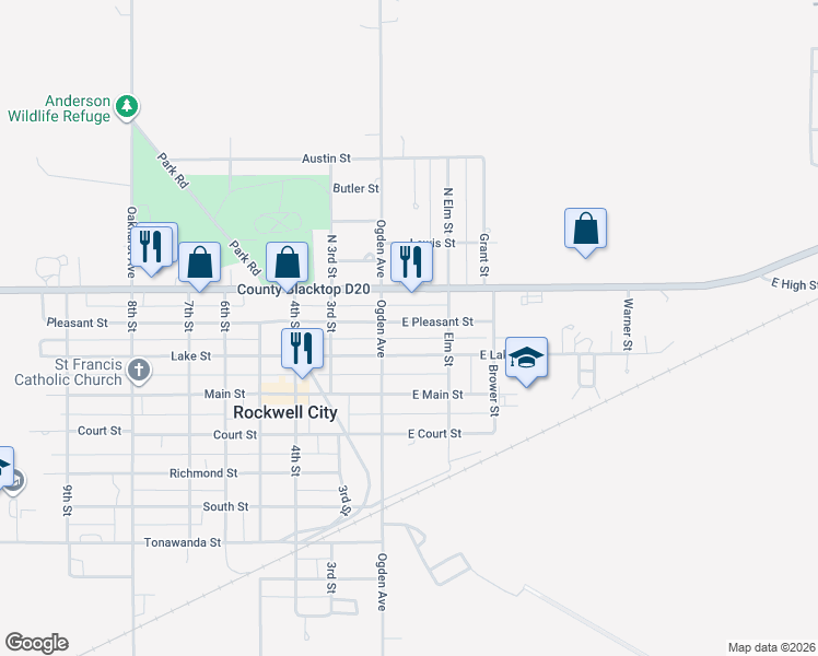map of restaurants, bars, coffee shops, grocery stores, and more near 123 East Pleasant Street in Rockwell City
