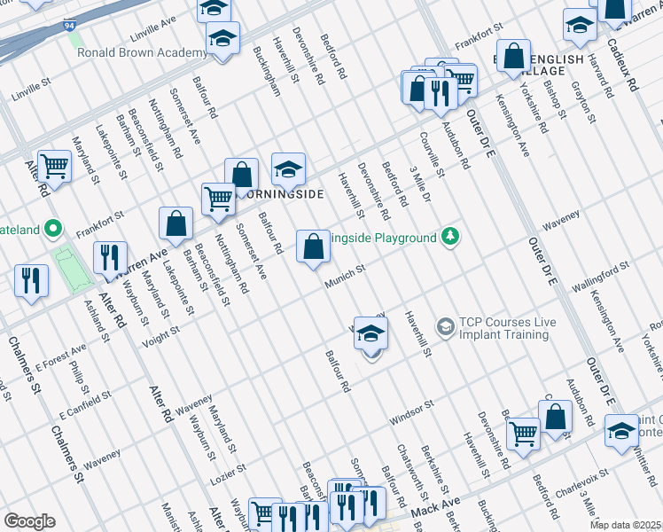map of restaurants, bars, coffee shops, grocery stores, and more near 4600 Berkshire Street in Detroit
