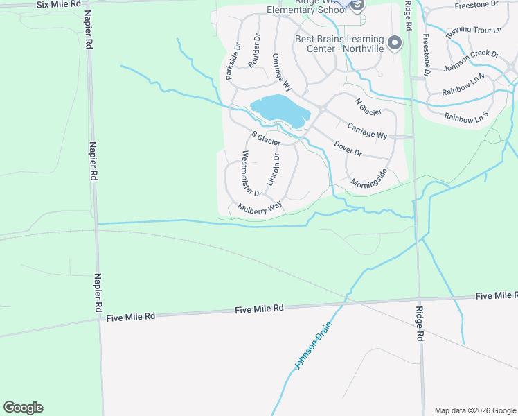 map of restaurants, bars, coffee shops, grocery stores, and more near 16425 Mulberry Way in Northville