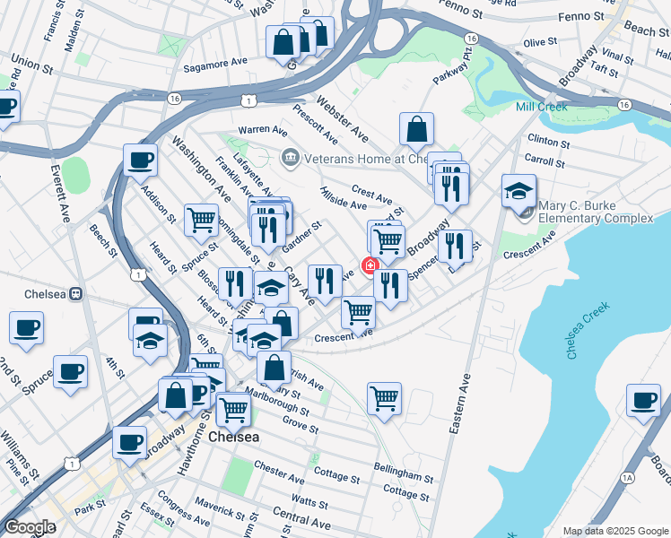 map of restaurants, bars, coffee shops, grocery stores, and more near 55 Parker Street in Chelsea