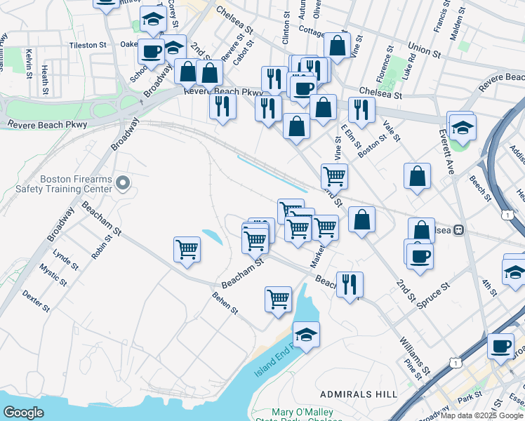 map of restaurants, bars, coffee shops, grocery stores, and more near 34 Market Street in Everett