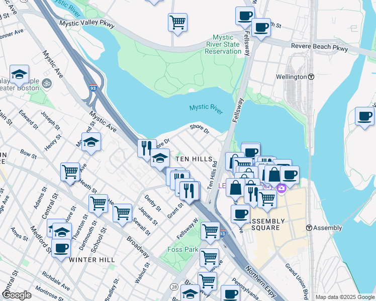 map of restaurants, bars, coffee shops, grocery stores, and more near 75 Puritan Road in Somerville