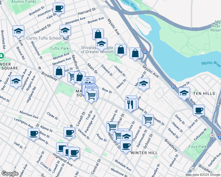 map of restaurants, bars, coffee shops, grocery stores, and more near in Medford