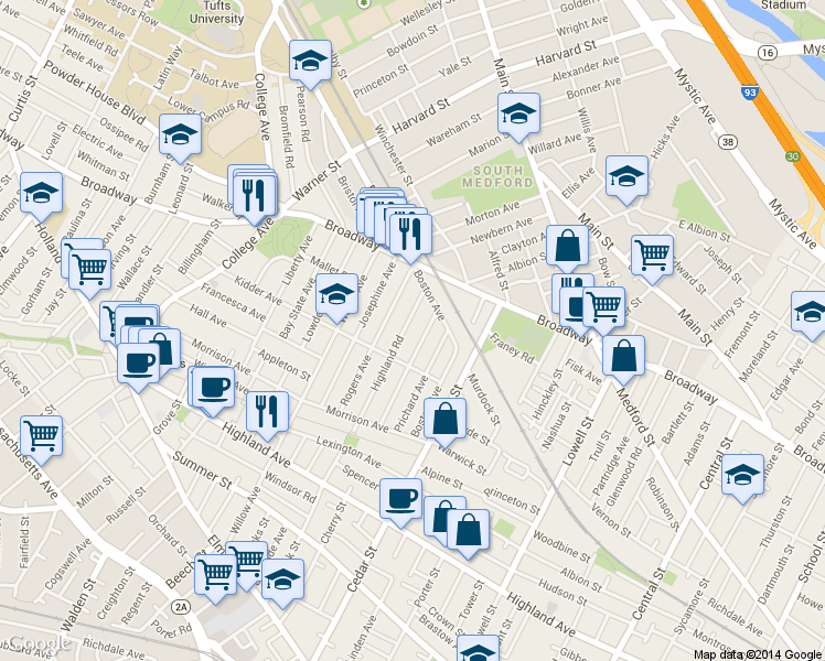 map of restaurants, bars, coffee shops, grocery stores, and more near 90 Highland Road in Somerville