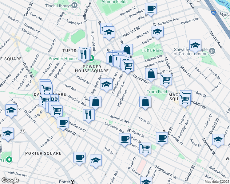 map of restaurants, bars, coffee shops, grocery stores, and more near 65 Josephine Avenue in Somerville