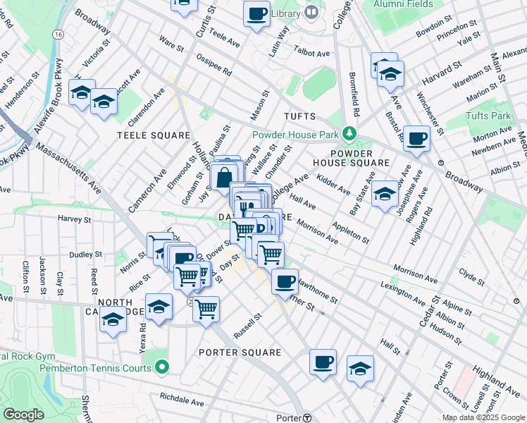 map of restaurants, bars, coffee shops, grocery stores, and more near in Somerville