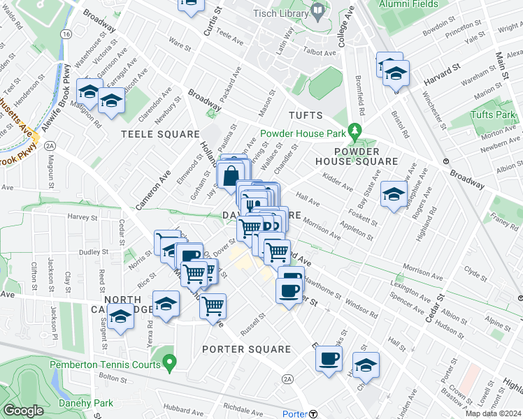 map of restaurants, bars, coffee shops, grocery stores, and more near in Somerville