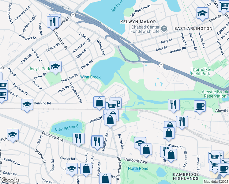map of restaurants, bars, coffee shops, grocery stores, and more near 14-20 Hill Road in Belmont