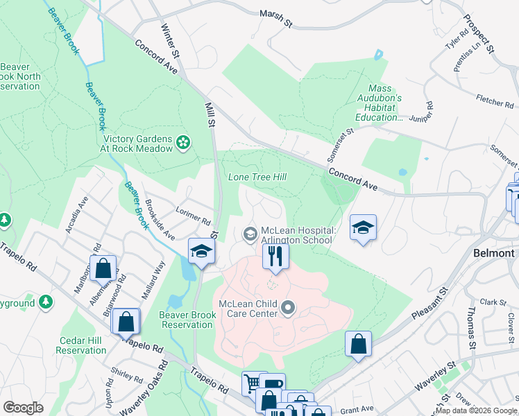 map of restaurants, bars, coffee shops, grocery stores, and more near 29 Summit Road in Belmont