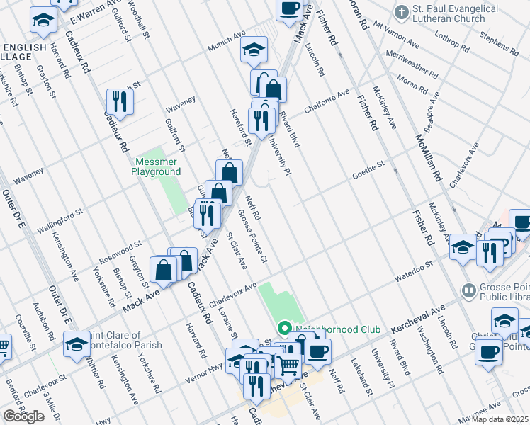 map of restaurants, bars, coffee shops, grocery stores, and more near 813 Lakeland Street in Grosse Pointe