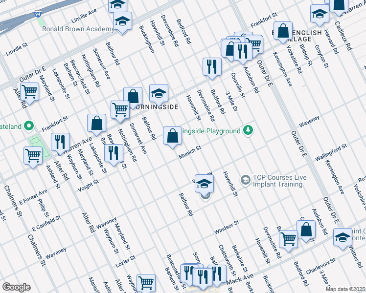 map of restaurants, bars, coffee shops, grocery stores, and more near 4600 Berkshire Street in Detroit