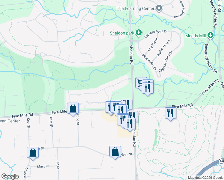 map of restaurants, bars, coffee shops, grocery stores, and more near 44505 Broadmoor Boulevard in Northville
