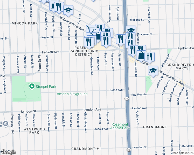 map of restaurants, bars, coffee shops, grocery stores, and more near 14911 Faust Avenue in Detroit