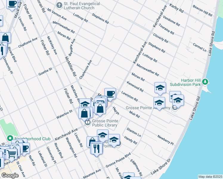 map of restaurants, bars, coffee shops, grocery stores, and more near 165 Lewiston Road in Grosse Pointe Farms