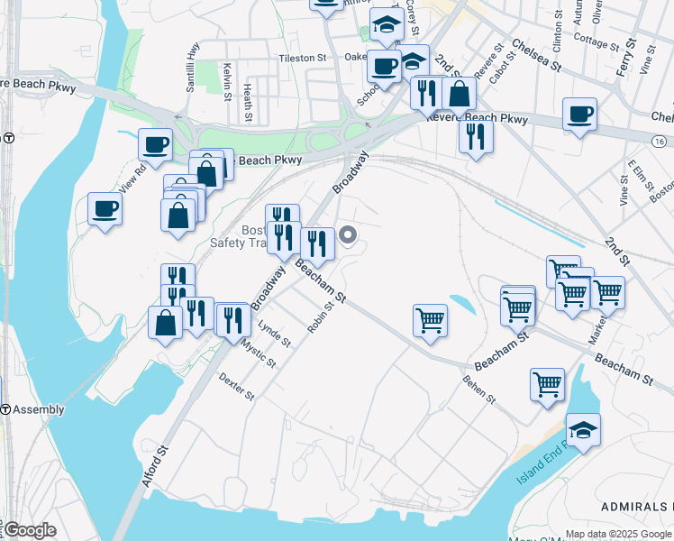 map of restaurants, bars, coffee shops, grocery stores, and more near 199 Ashland Street in Everett