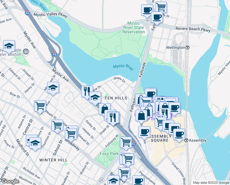 map of restaurants, bars, coffee shops, grocery stores, and more near Putnam Road in Somerville