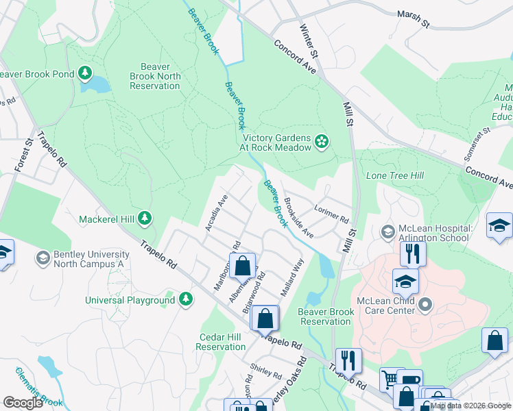 map of restaurants, bars, coffee shops, grocery stores, and more near 135 Marlborough Road in Waltham