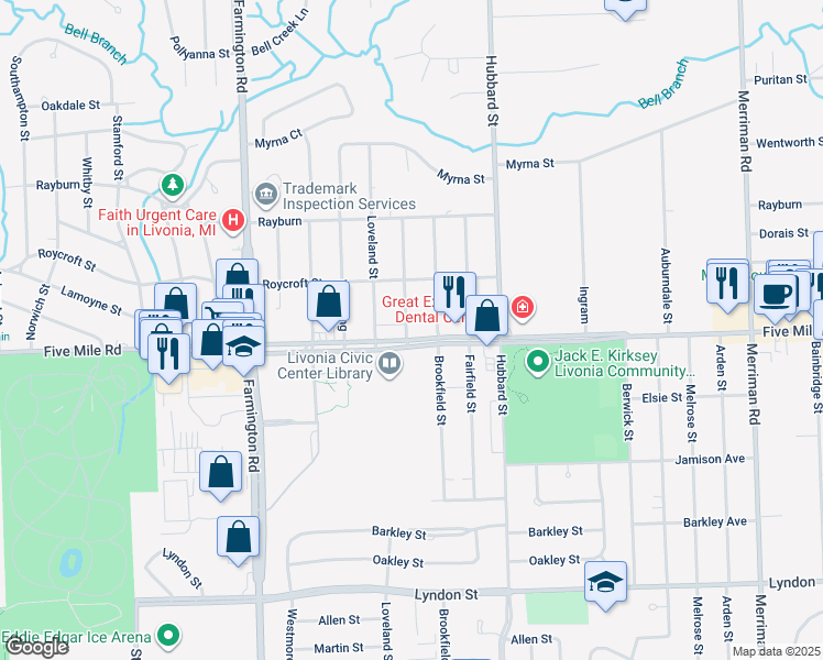 map of restaurants, bars, coffee shops, grocery stores, and more near 32788 Five Mile Road in Livonia