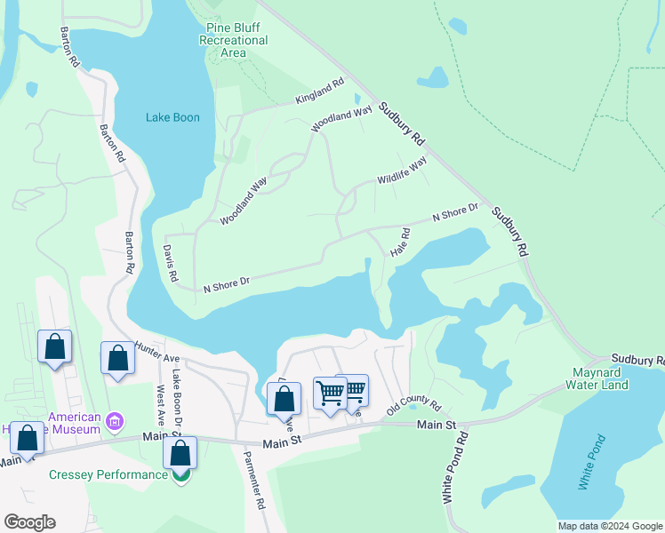 map of restaurants, bars, coffee shops, grocery stores, and more near 90 North Shore Drive in Stow